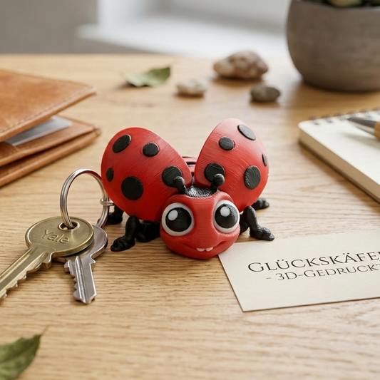 Mila Marienkäfer – beweglicher 3D-gedruckter Schlüsselanhänger aus PLA in Rot mit schwarzen Punkten, Flexi-Gelenken und Metallring