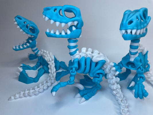 3D-gedruckter Flexi Skelett Raptor "Greddy" aus PLA in Blau-Weiß – bewegliche Dino-Figuren von 3DruckAS