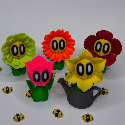 3D-gedruckte  Blumen mit Gesicht als Dekofigur in verschiedenen Farben