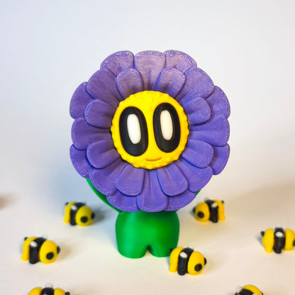fluffy-3d-druck-blume-mit-gesicht in lila