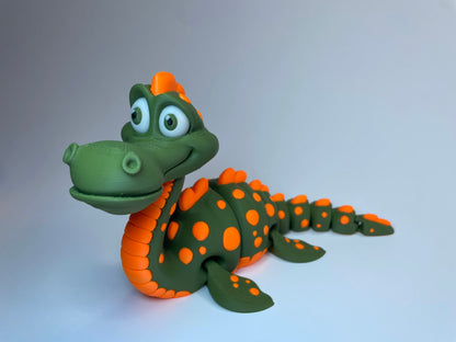 Detailansicht von Günter – dem freundlichen Loch Ness Monster als bewegliche 3D-Druck Figur aus PLA, handgemacht im Allgäu