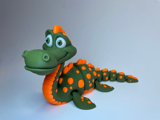 Detailansicht von Günter – dem freundlichen Loch Ness Monster als bewegliche 3D-Druck Figur aus PLA, handgemacht im Allgäu