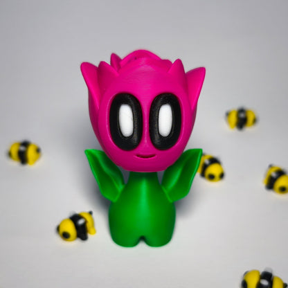 magenta 3D-gedruckte Rosenblüte ‚Rosi‘ mit Gesicht als Dekofigur aus PLA