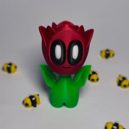 rot 3D-gedruckte Rosenblüte ‚Rosi‘ mit Gesicht als Dekofigur aus PLA