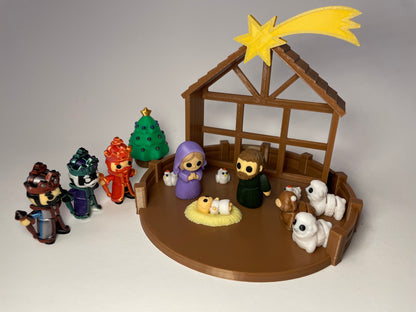 Weihnachtskrippe als 16-teiliges Mini-Flexi-Set aus dem 3D-Druck in kompletter Gesamtansicht.